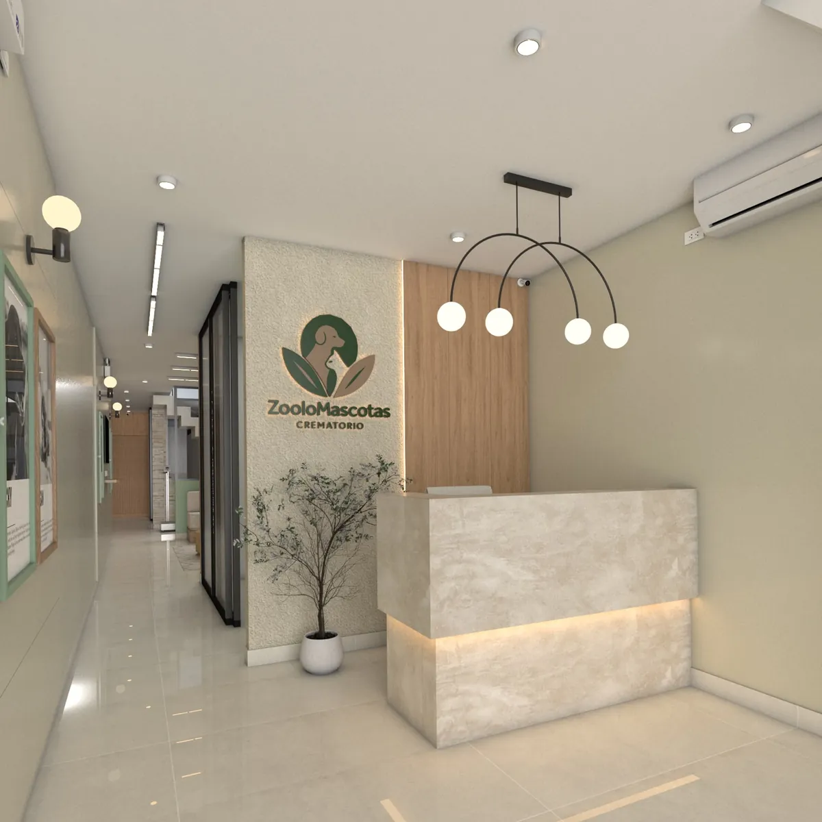 Recepción Zoolomascotas con logo iluminado