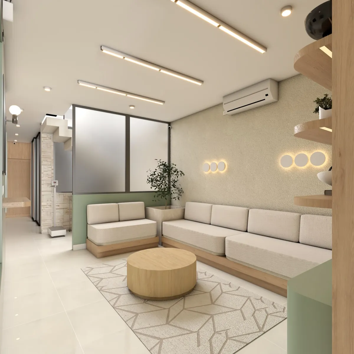 Sala de espera con estantería en madera
